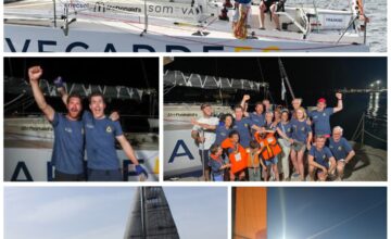 Photo de skippers et de leur équipe avec leur voilier au couleur de SAUVEGARDE 56 pour la course transatlantique CAP MARTINIQUE